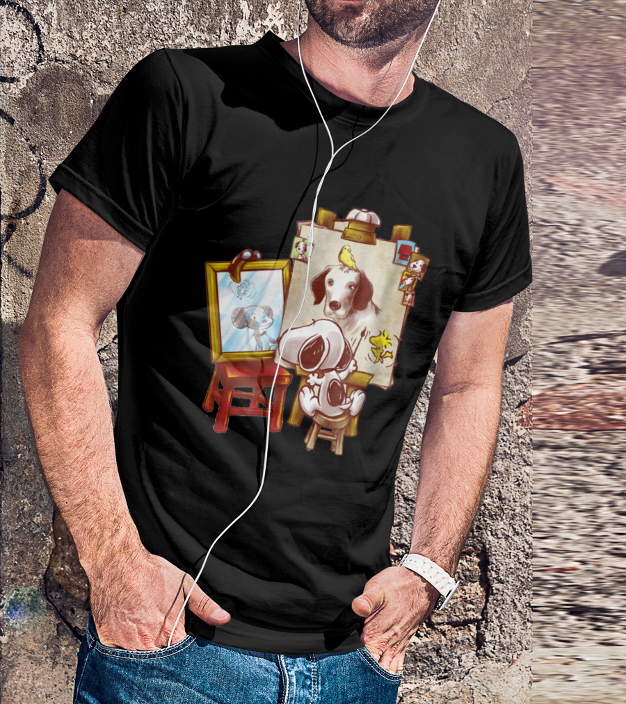 Triple Beagle Artist Scene With Mirror, Picture Frame, And Woodstock T-Shirt