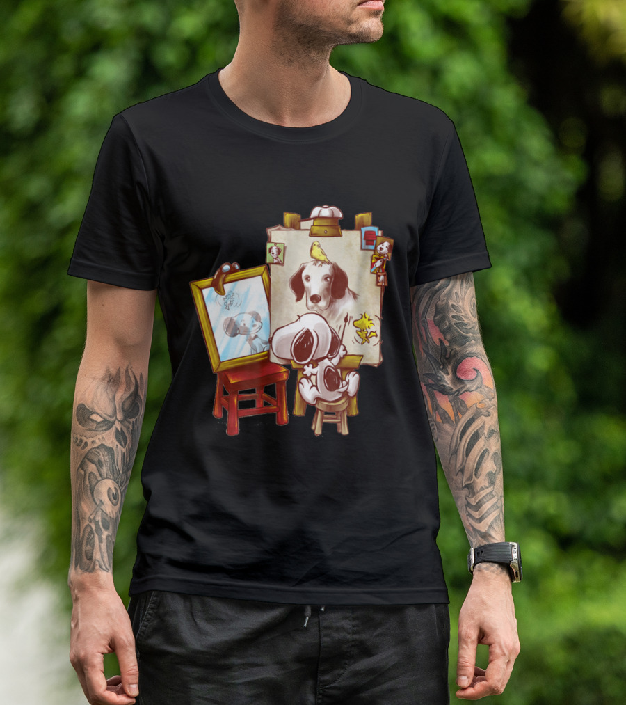 Triple Beagle Artist Scene With Mirror, Picture Frame, And Woodstock T-Shirt