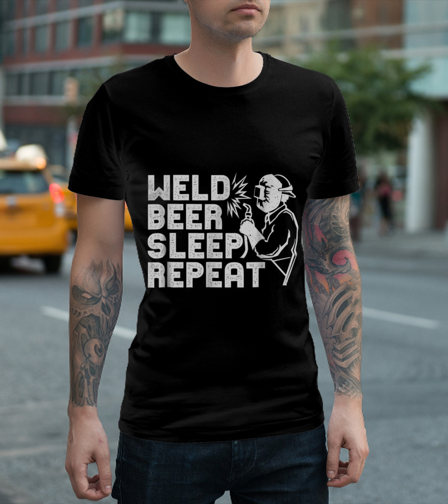 Weld Beer Sleep Repeat Welder Graphic With Helmet And Torch T-Shirt