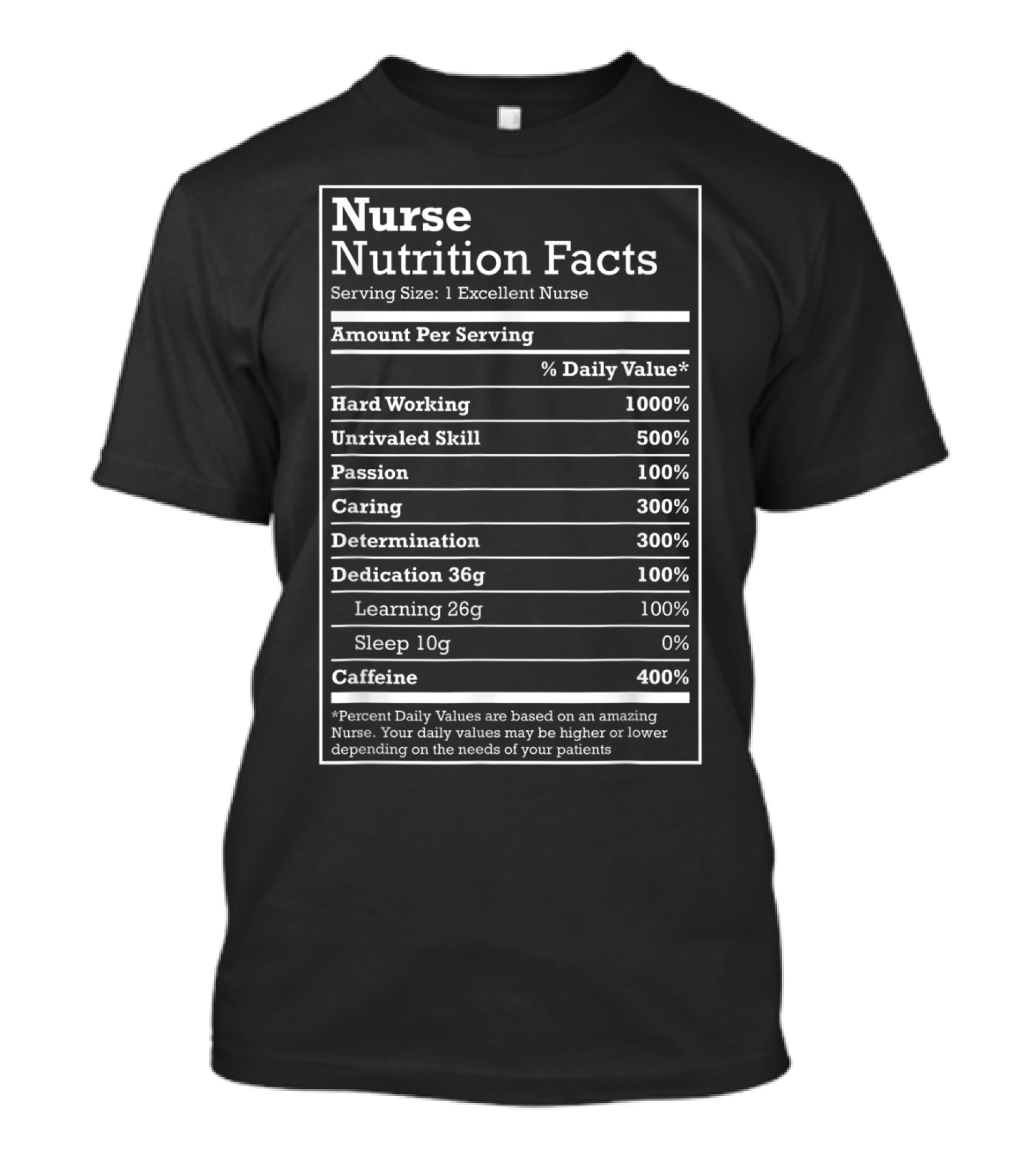 Nurse Nutrition Facts Parody With Hard Working Caring Passion Caffeine Elements T-Shirt