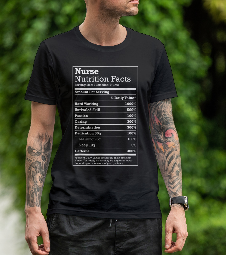 Nurse Nutrition Facts Parody With Hard Working Caring Passion Caffeine Elements T-Shirt