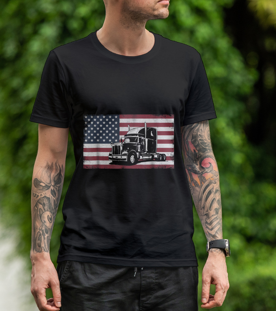 American Flag Semi Truck Patriotic T-Shirt