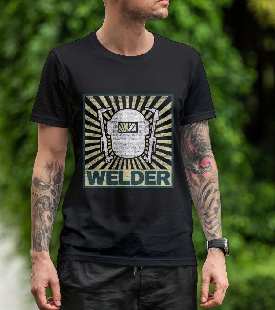 Welder Helmet With Welding Torches And Sunburst Design Textured T-Shirt