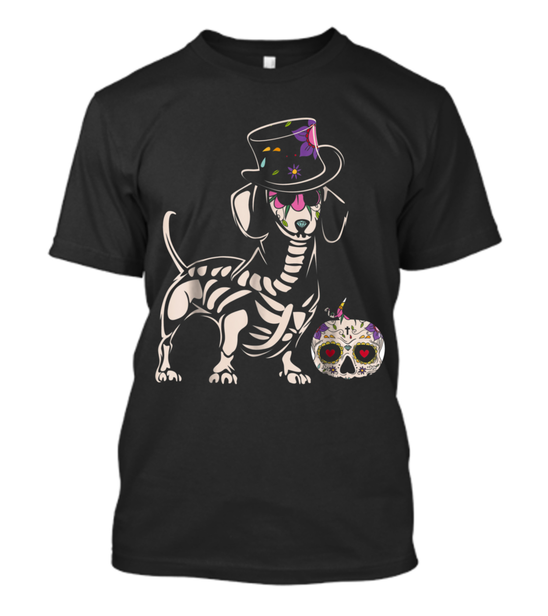 Day Of The Dead Dachshund Skull Art With Top Hat And Sugar Skull Balloon T-Shirt