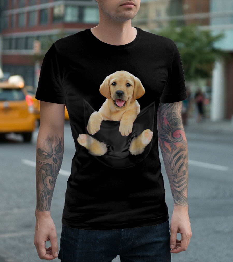 Labrador Puppy Adorable Face Front Paws Out Black Pocket T-Shirt