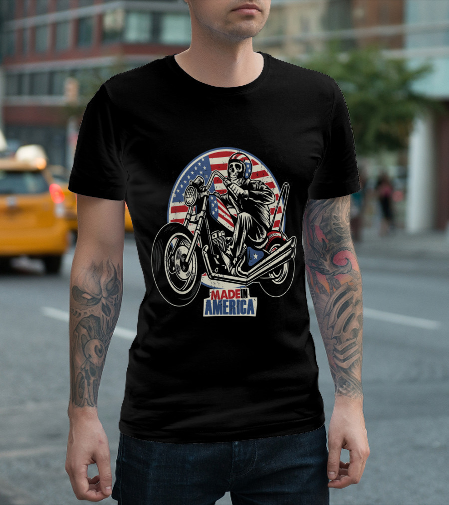 Made in America Skull Dirt Bike with American Flag Background T-Shirt