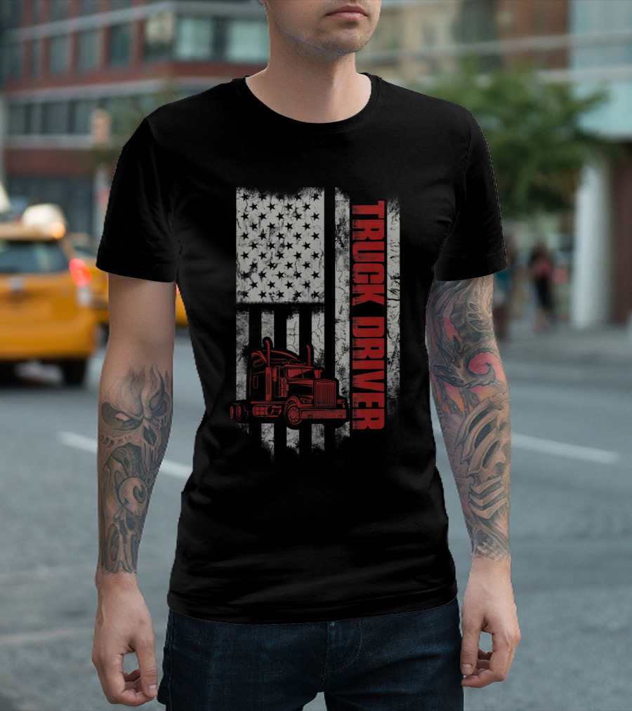 Truck Driver American Flag Semi-Truck Patriotic T-Shirt