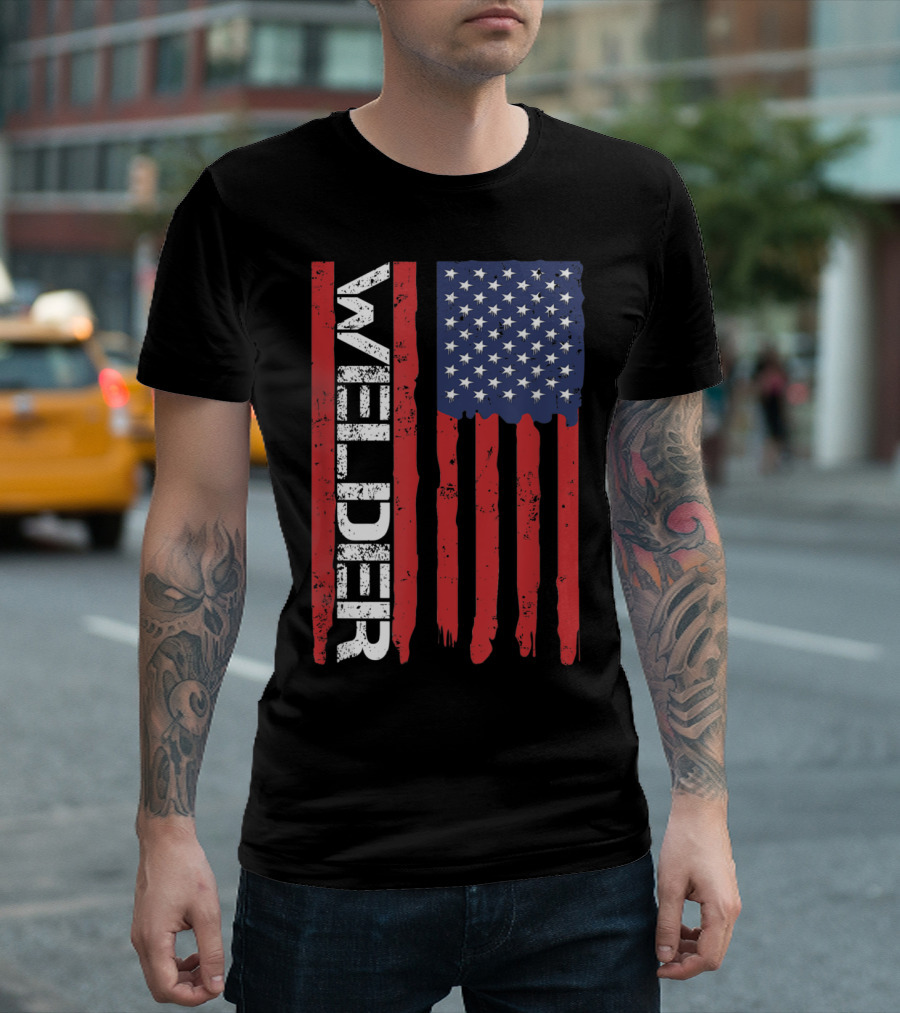 Welder American Flag Vertical Text And Stars Stripes T-Shirt