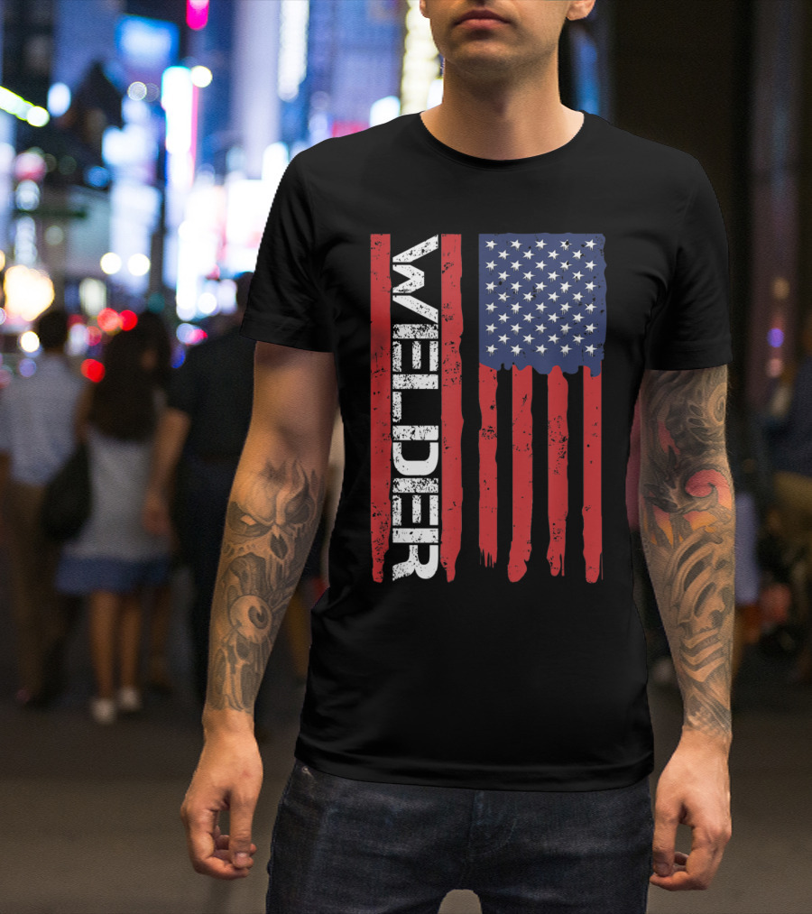 Welder American Flag Vertical Text And Stars Stripes T-Shirt