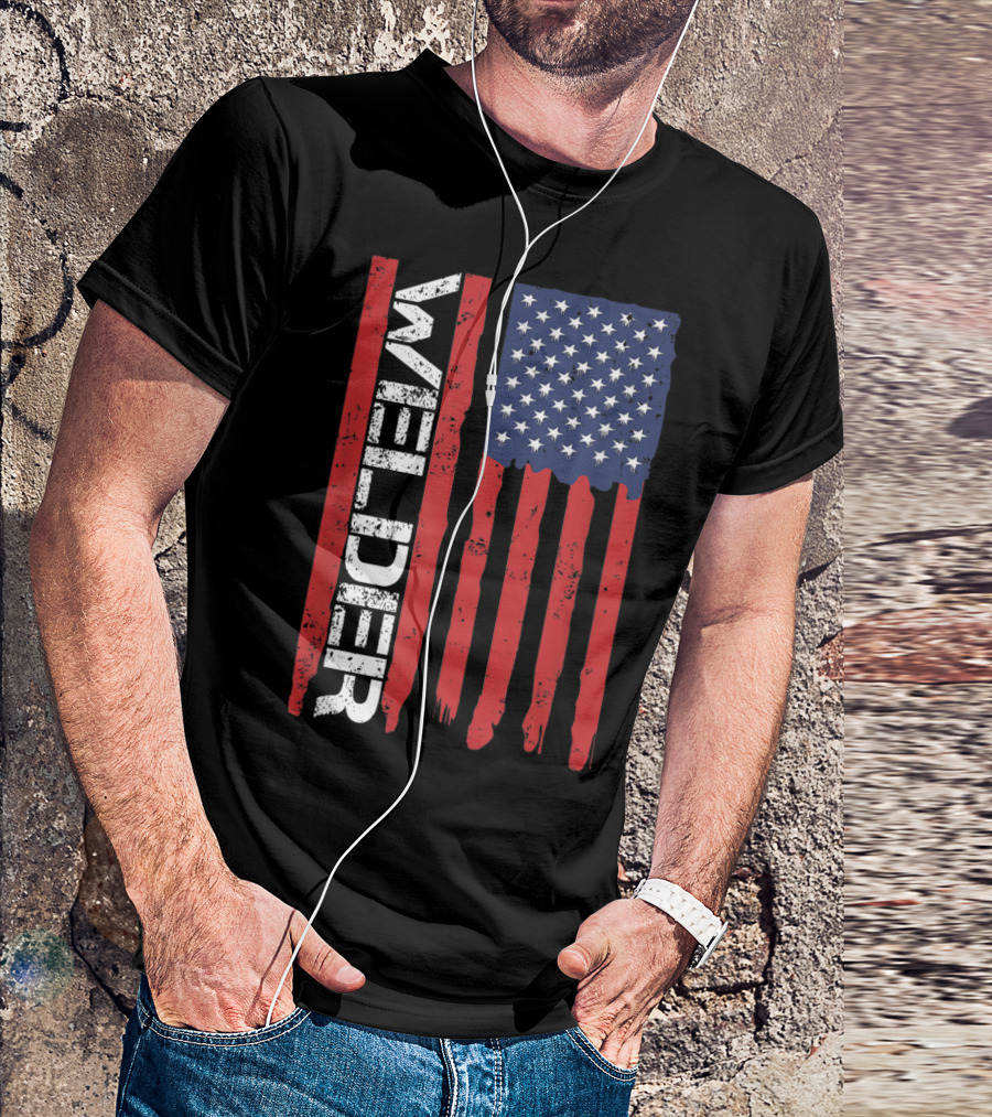 Welder American Flag Vertical Text And Stars Stripes T-Shirt