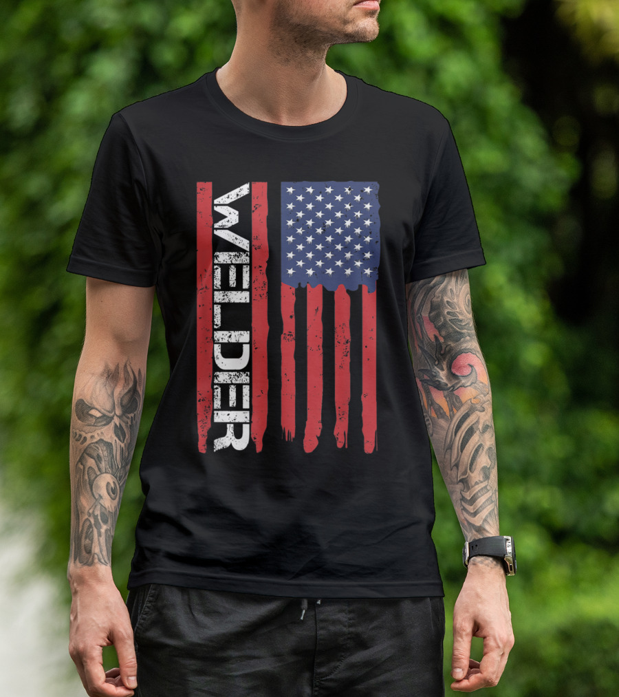 Welder American Flag Vertical Text And Stars Stripes T-Shirt