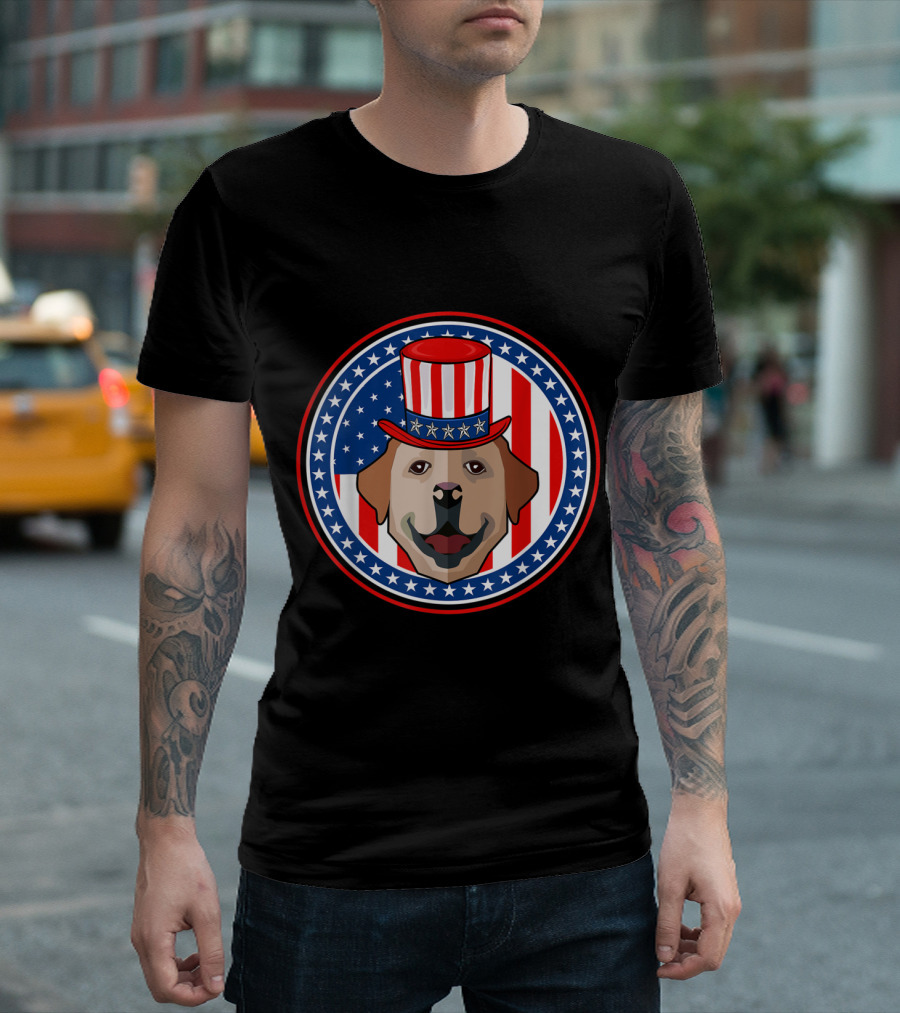 Patriotic Labrador Retriever in Stars and Stripes Top Hat Circular Design 4th Of July American T-Shirt