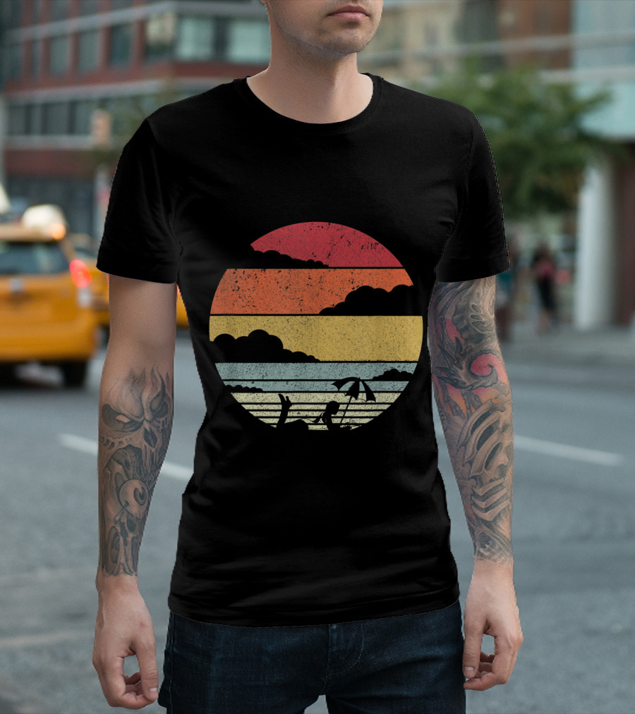 Vintage Sunset Beach Scene with Reading Silhouette Retro Vibes T-Shirt