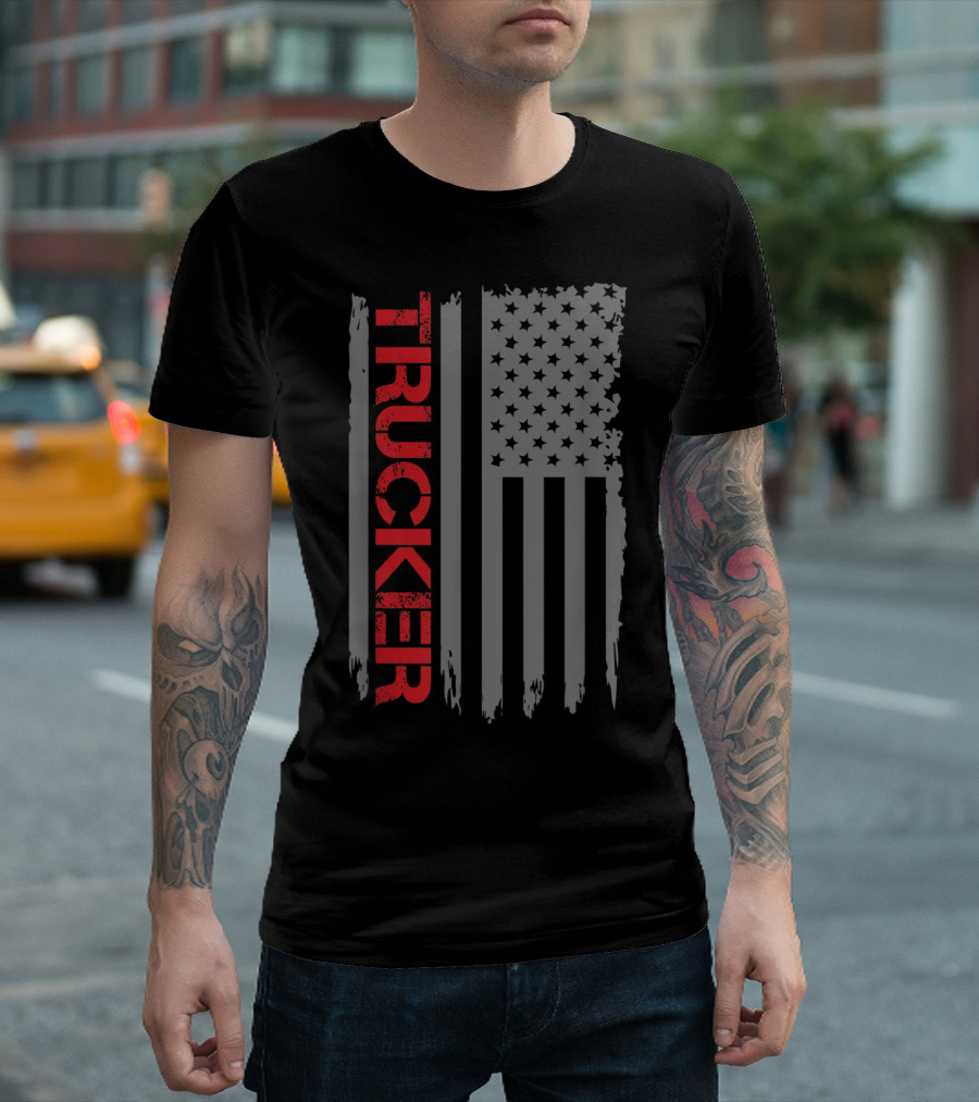 Trucker Vertical Red Text With Distressed American Flag T-Shirt