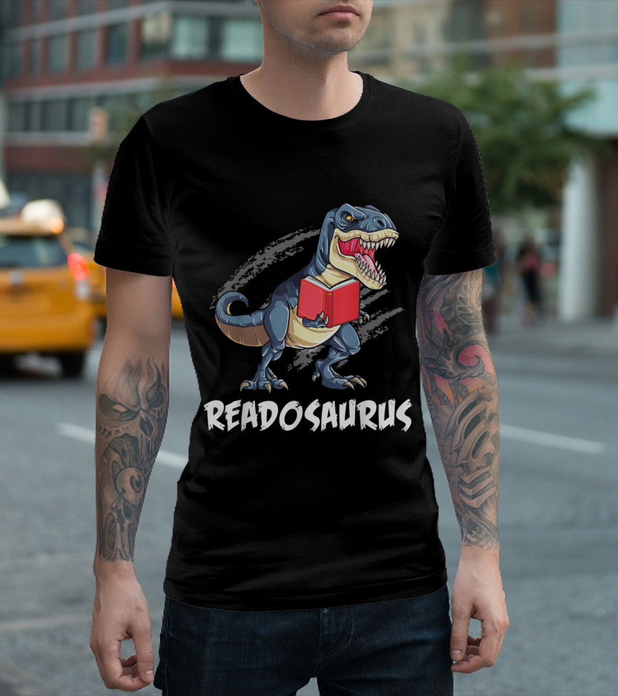 Readosaurus Cartoon Dinosaur Reading Comic Books T-Shirt