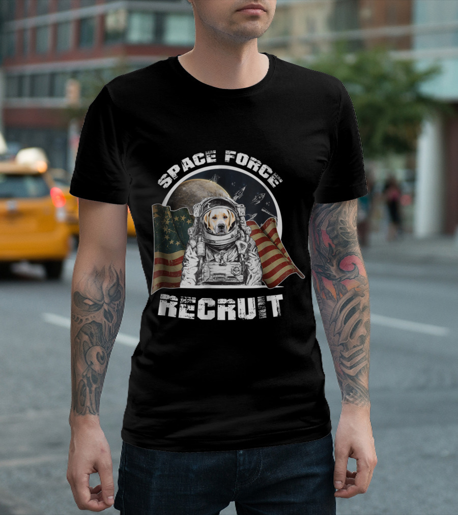 Space Force Recruit Labrador Retriever Astronaut with American Flag and Alien Space T-Shirt
