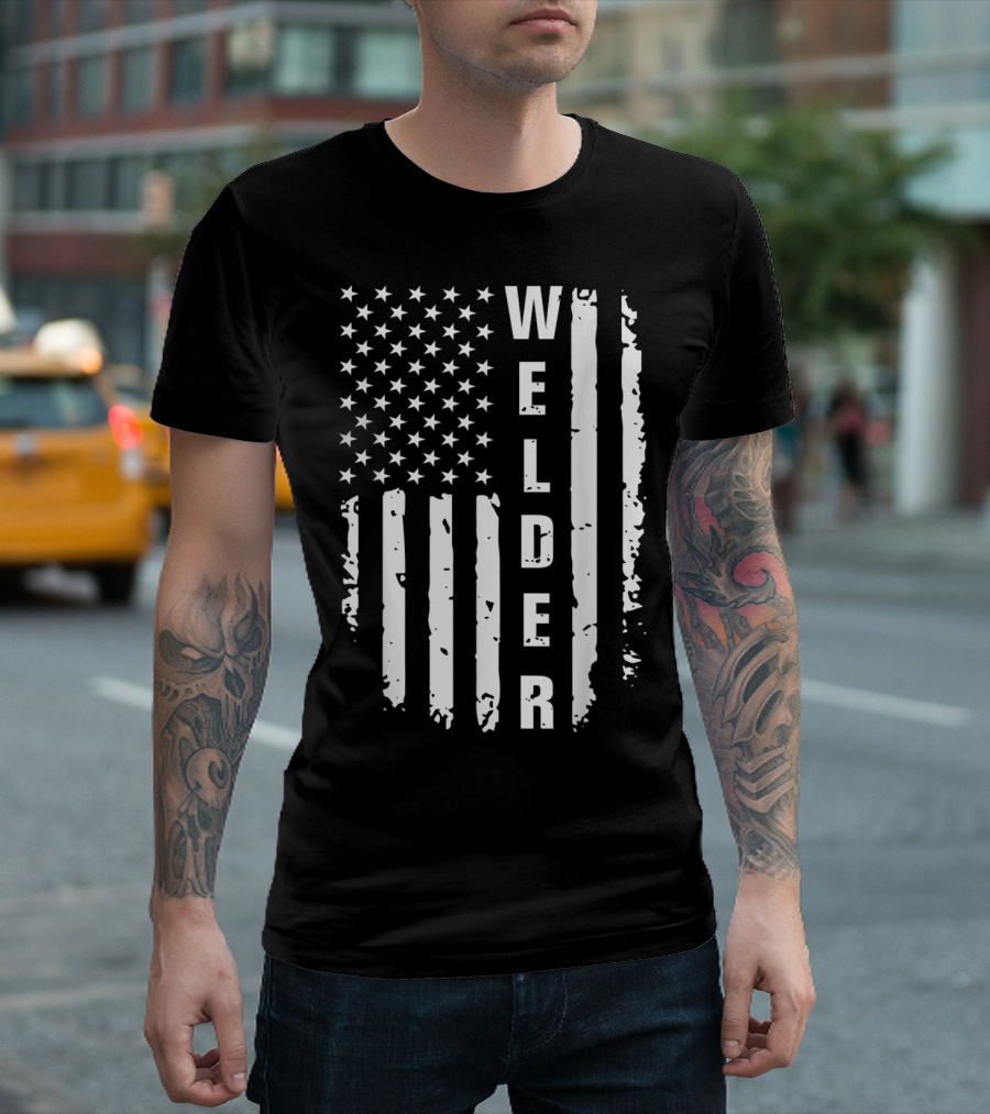 Vintage American Flag Vertical Welder Text Patriotic T-Shirt