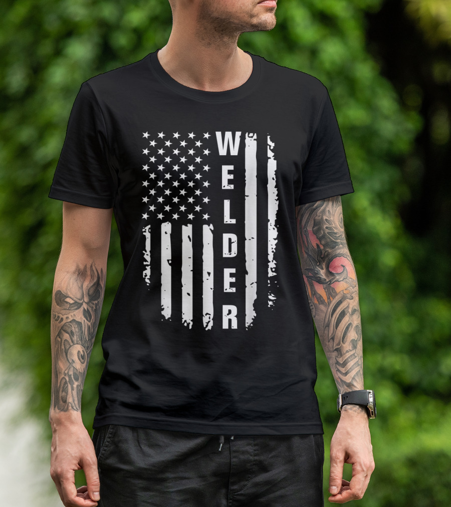 Vintage American Flag Vertical Welder Text Patriotic T-Shirt