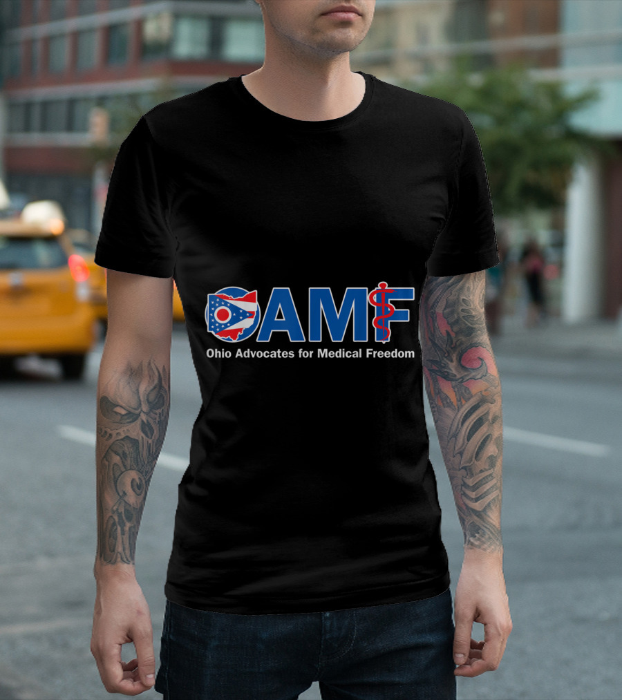 Ohio Advocates for Medical Freedom OAMF Logo with Ohio Flag and Medical T-Shirt