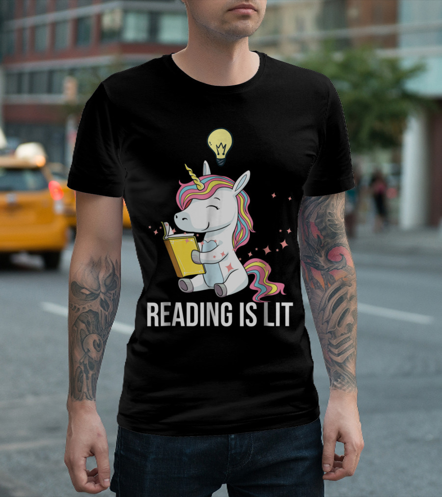 Whimsical Unicorn Enthusiastically Enjoys Reading Under Creative Light Bulb Inspiration T-Shirt