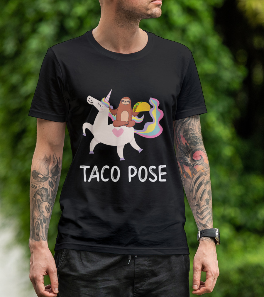 Taco Pose: Sloth In Yoga On Unicorn With Rainbow Mane Eating Taco T-Shirt