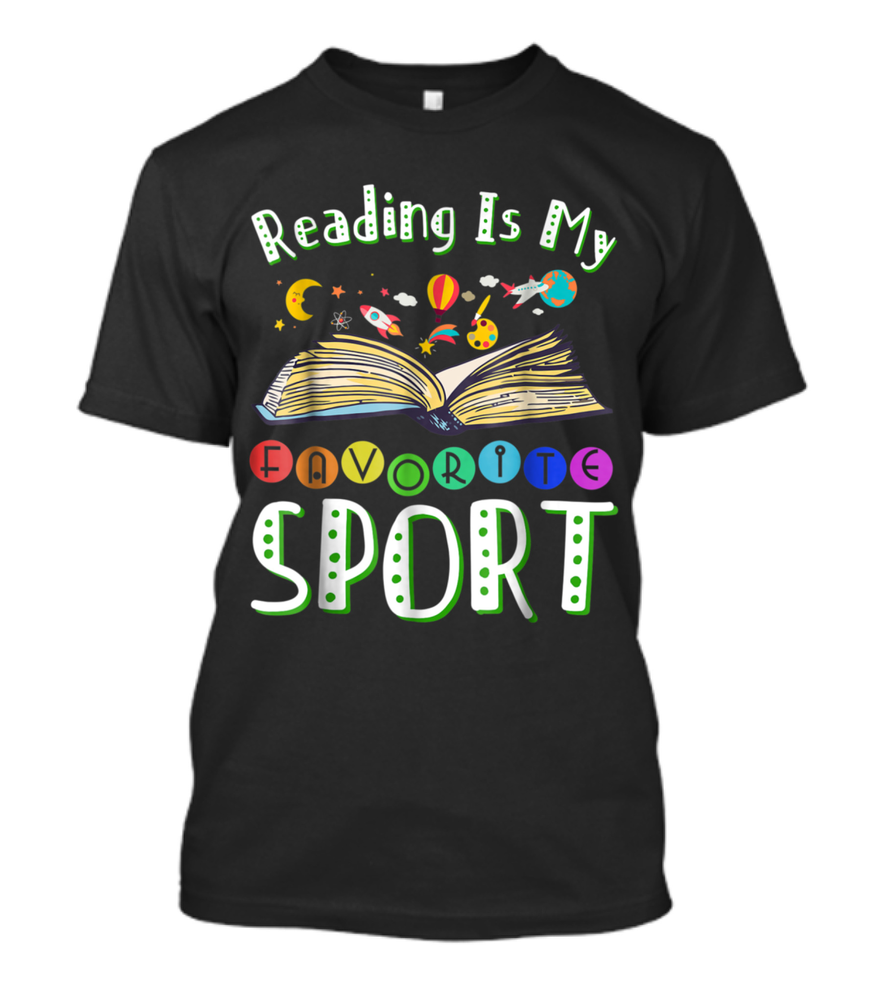 Reading Is My Favorite Sport Colorful Open Book With Outer Space Elements T-Shirt