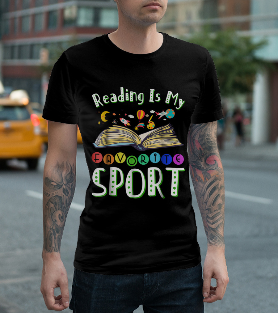 Reading Is My Favorite Sport Colorful Open Book With Outer Space Elements T-Shirt