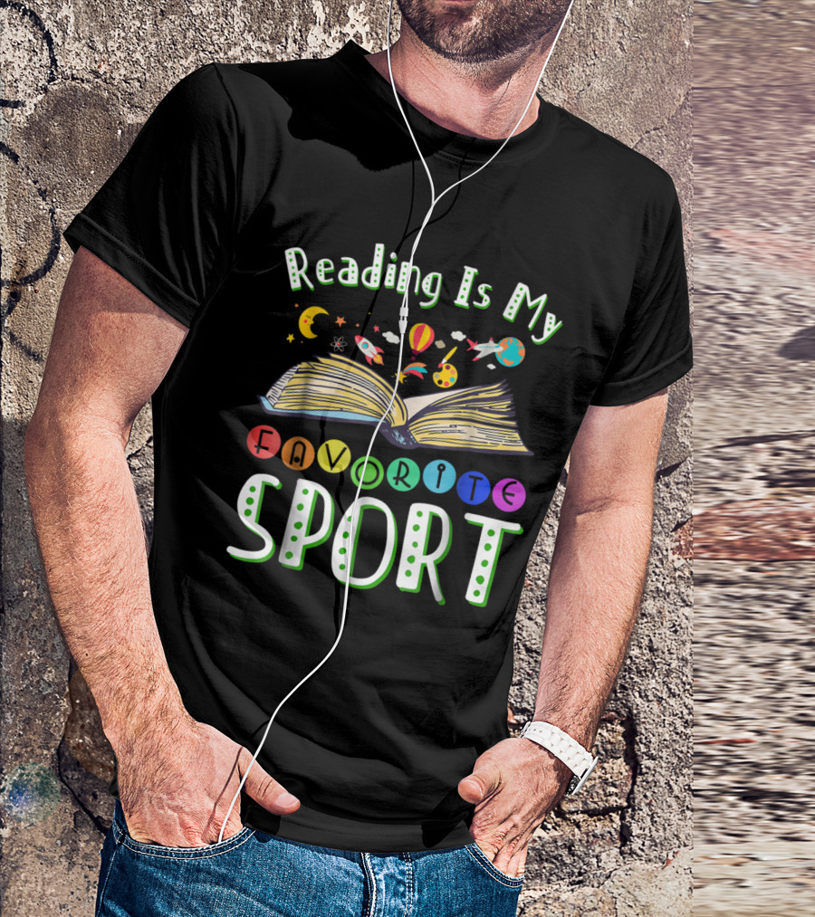 Reading Is My Favorite Sport Colorful Open Book With Outer Space Elements T-Shirt