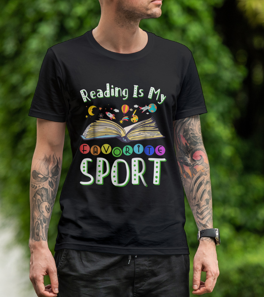 Reading Is My Favorite Sport Colorful Open Book With Outer Space Elements T-Shirt