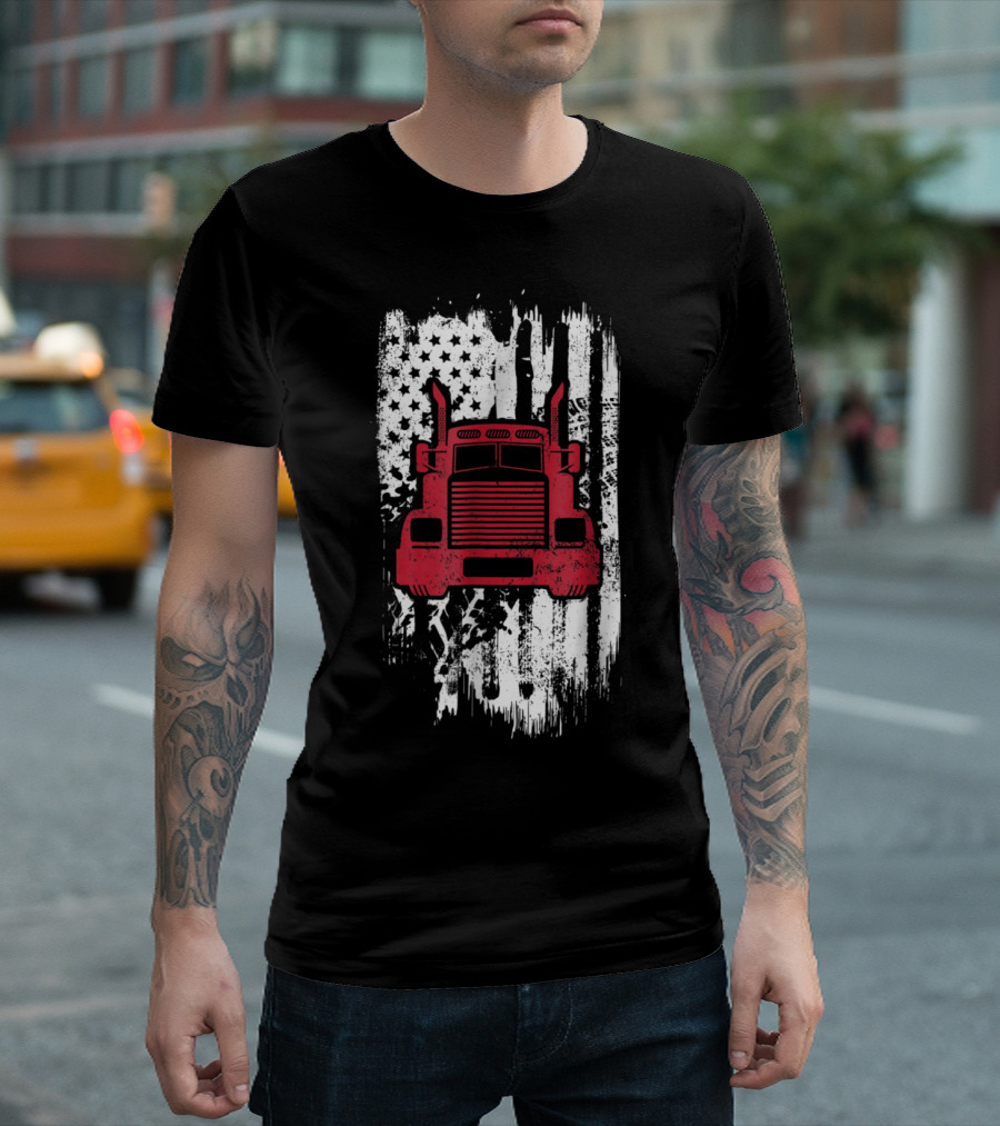 Trucker Flag Patriotic Truck Driver Asphalt Cowboy American Semi-Icon T-Shirt
