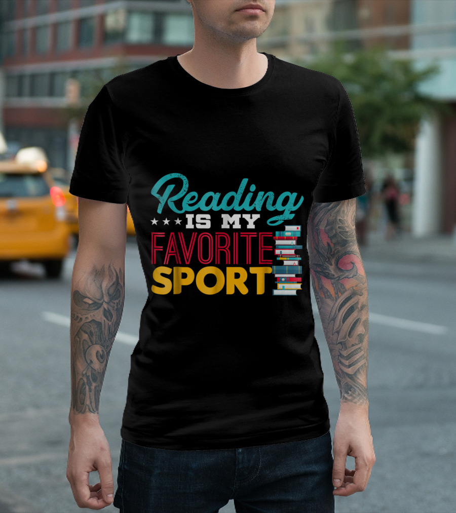 Reading Is My Favorite Sport with Stacked Books and Stars T-Shirt
