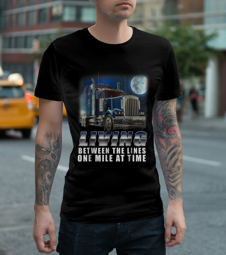 Living Between the Lines One Mile at a Time with Blue Truck Under Moonlight T-Shirt