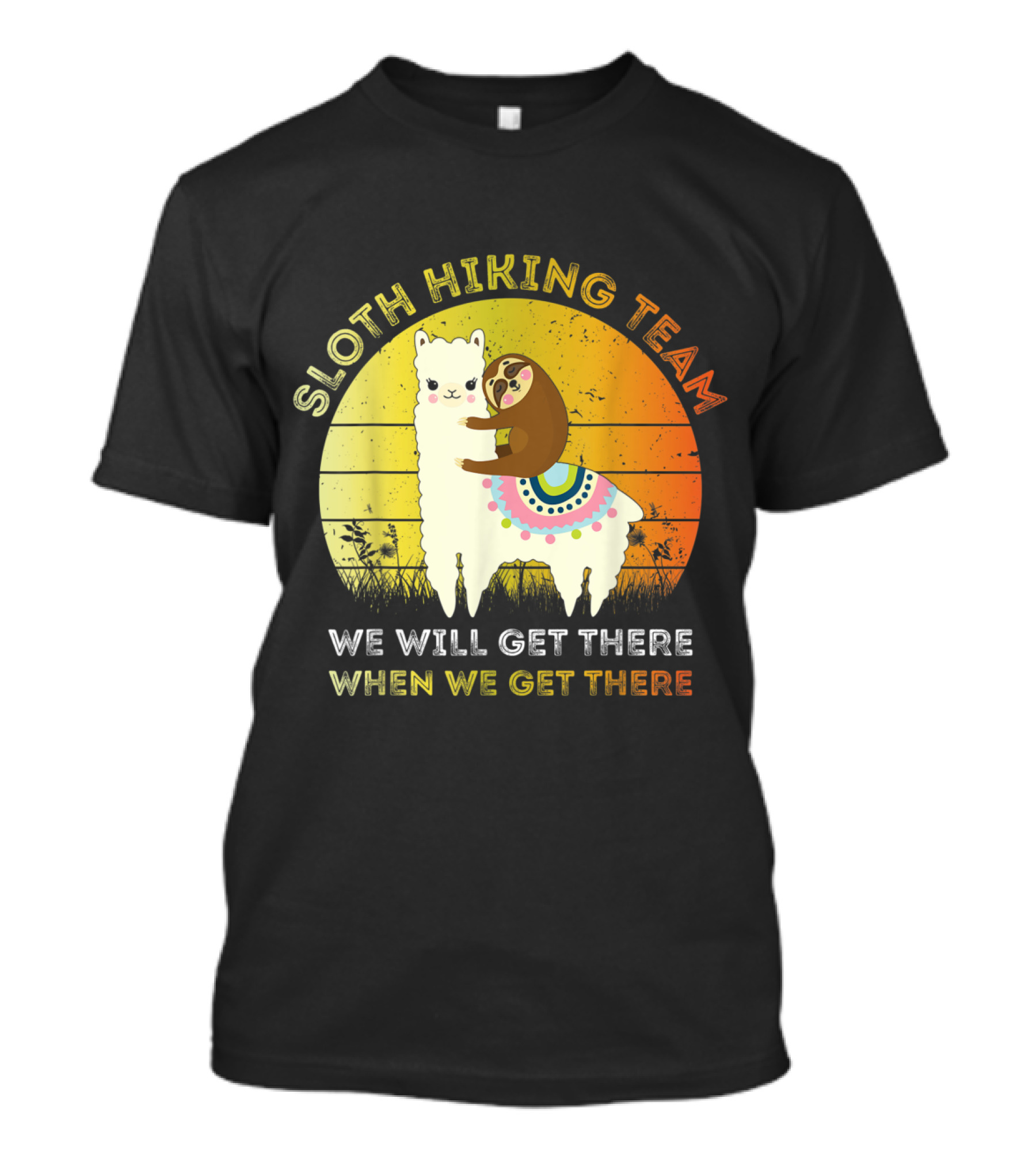 Sloth Hiking Team We Will Get There When We Get There Llama Sunset T-Shirt