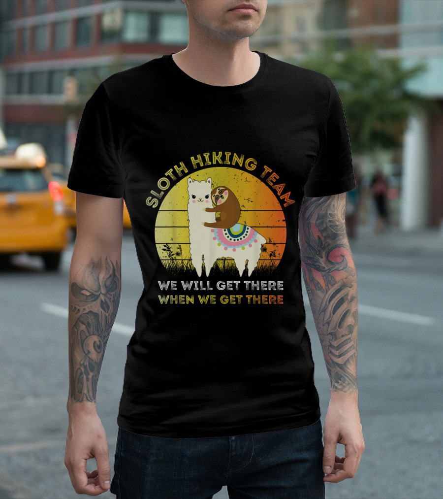 Sloth Hiking Team We Will Get There When We Get There Llama Sunset T-Shirt