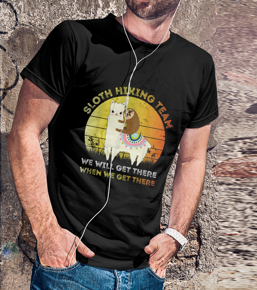 Sloth Hiking Team We Will Get There When We Get There Llama Sunset T-Shirt