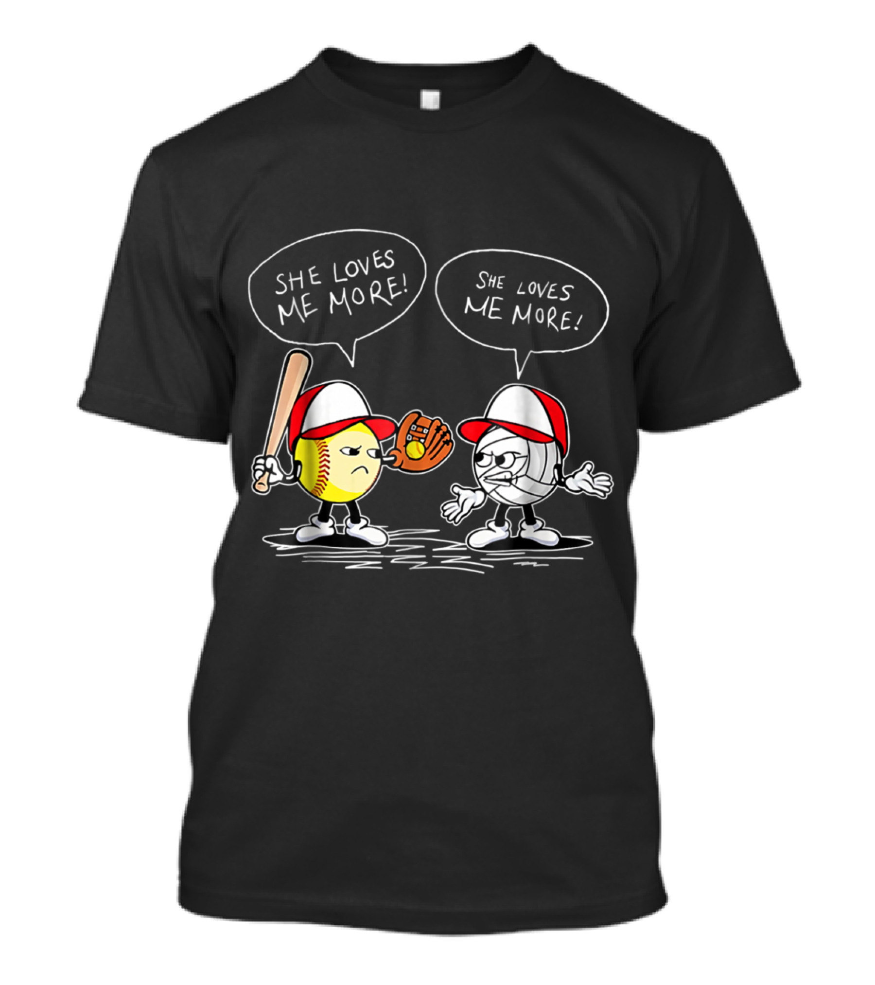 She Loves Me More Softball And Volleyball Characters With Red Caps And Sporting Gear T-Shirt