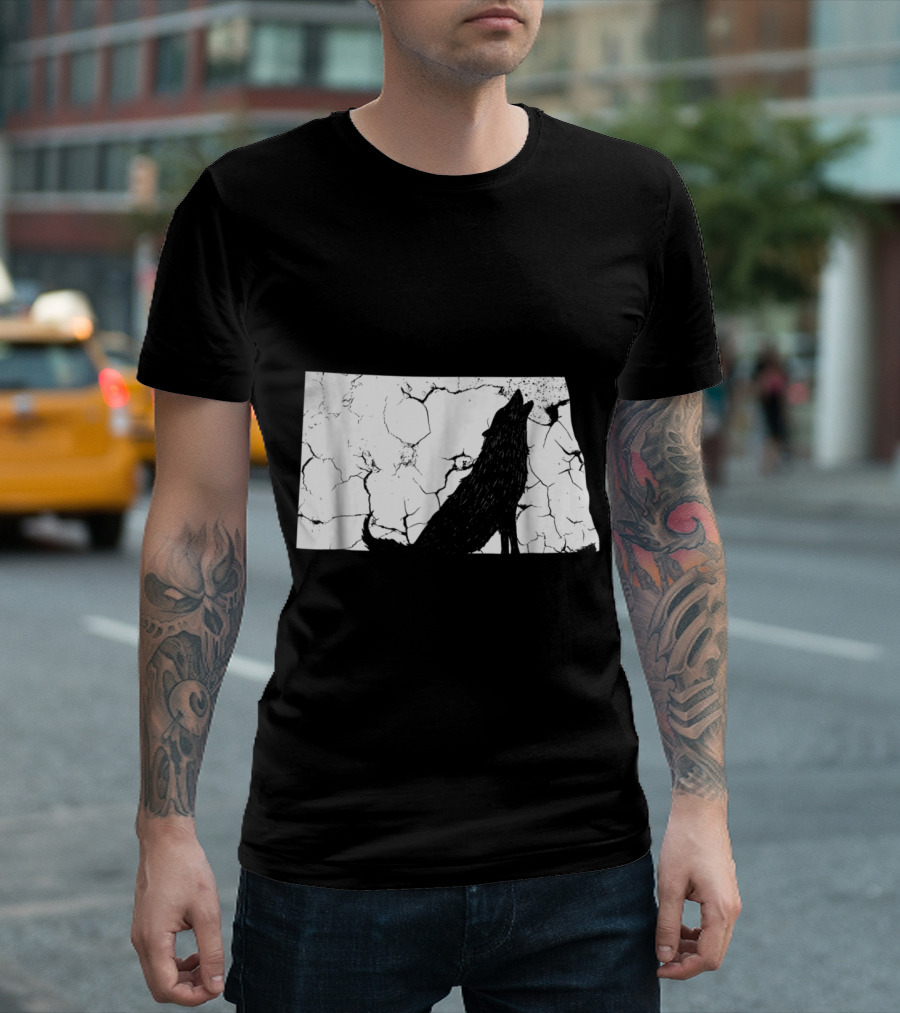 North Dakota Coyote Silhouette Against Cracked Texture Background T-Shirt