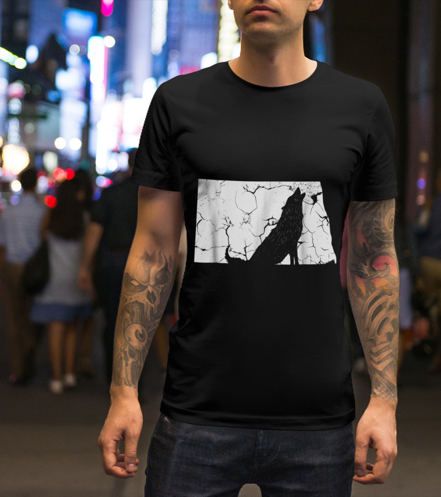 North Dakota Coyote Silhouette Against Cracked Texture Background T-Shirt