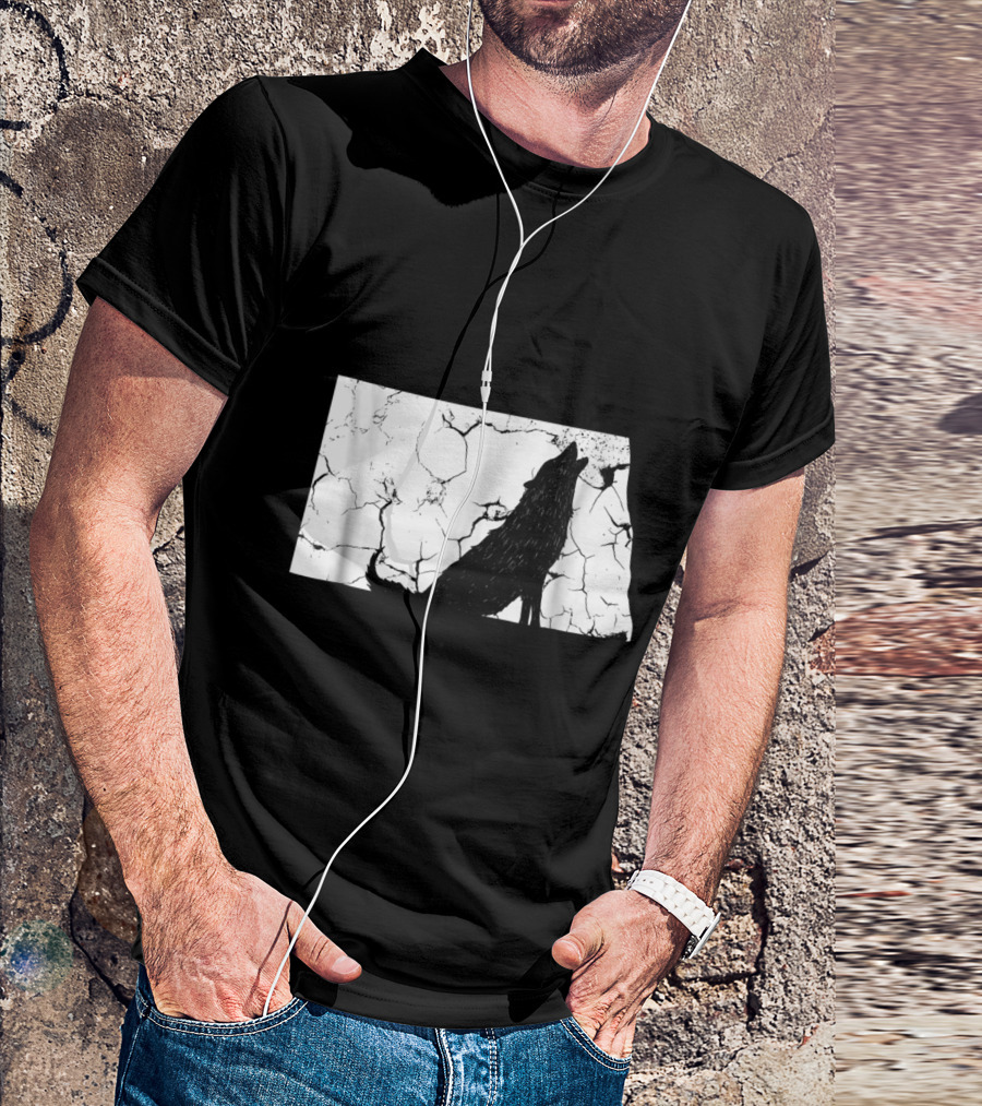 North Dakota Coyote Silhouette Against Cracked Texture Background T-Shirt