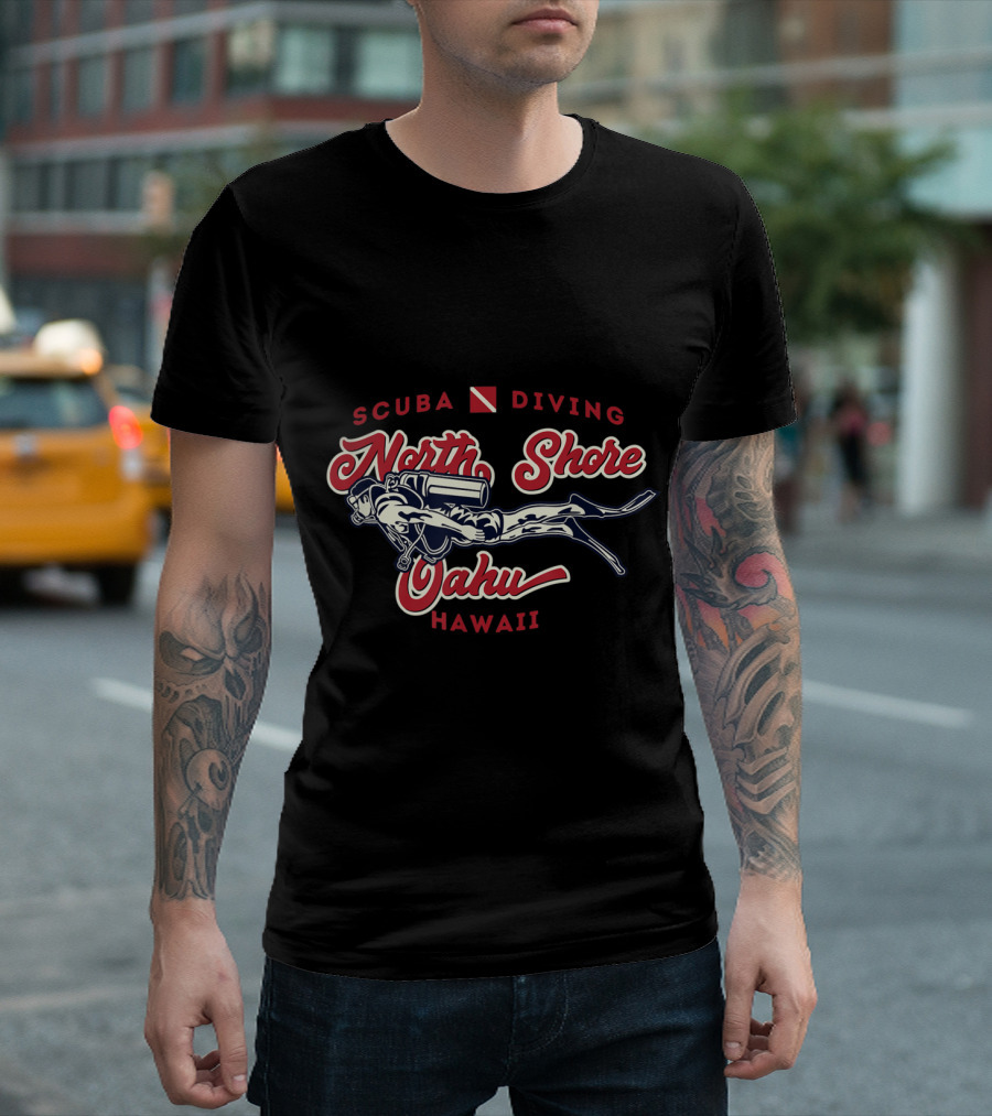 North Shore Oahu Hawaii Scuba Diving Graphic with Diver Illustration and Dive Flag T-Shirt