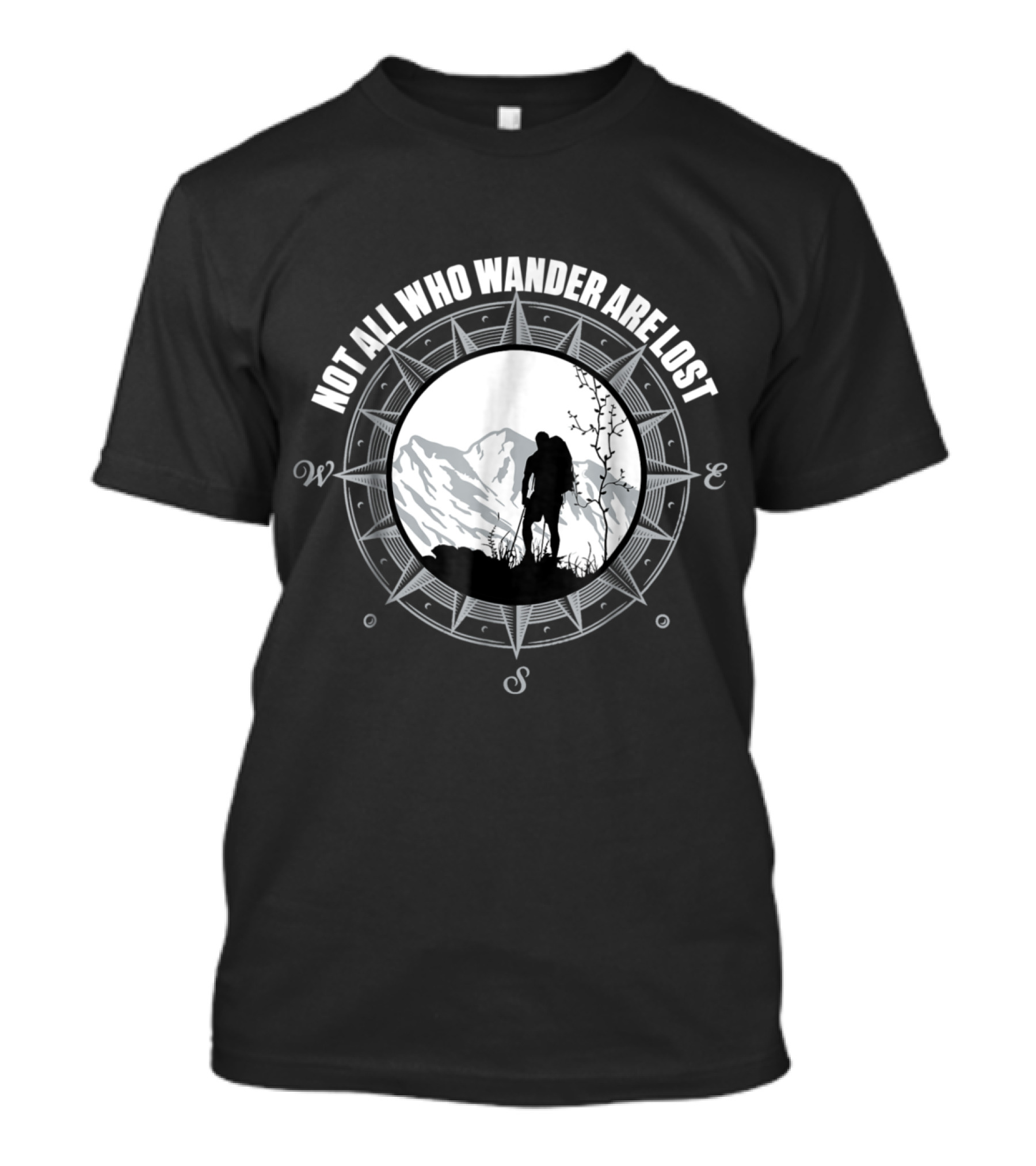 Not All Who Wander Are Lost Compass Silhouette With Mountains And Hiker T-Shirt
