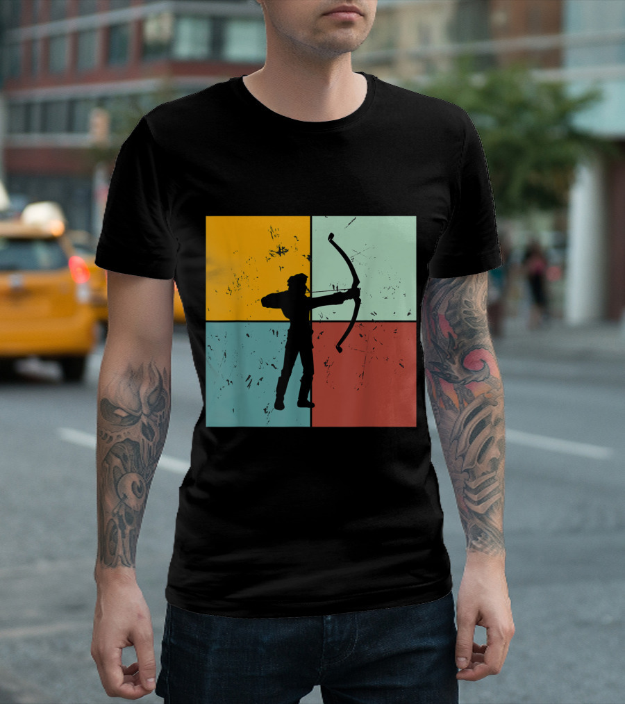Archer Silhouette Shoot Aim Bow Archery Art On Color Block Background T-Shirt