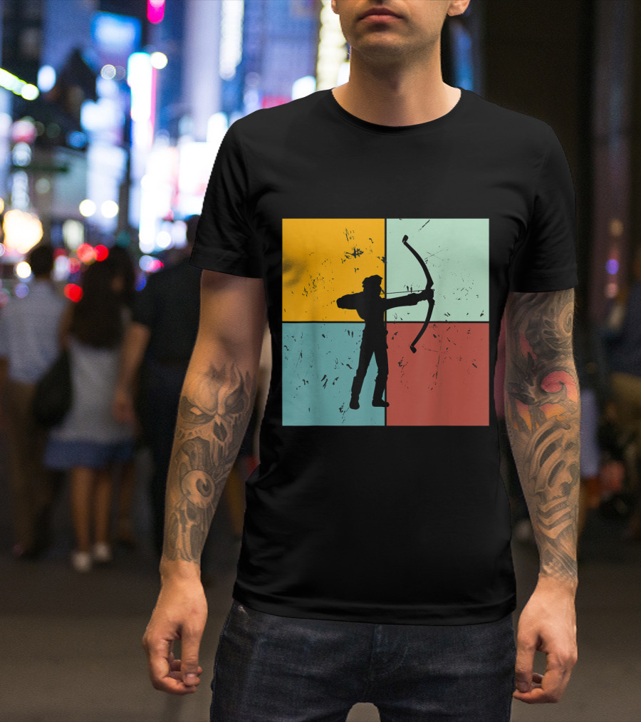 Archer Silhouette Shoot Aim Bow Archery Art On Color Block Background T-Shirt