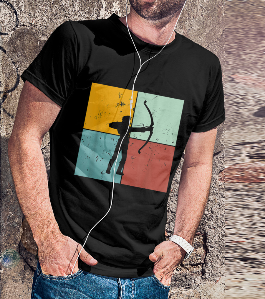 Archer Silhouette Shoot Aim Bow Archery Art On Color Block Background T-Shirt
