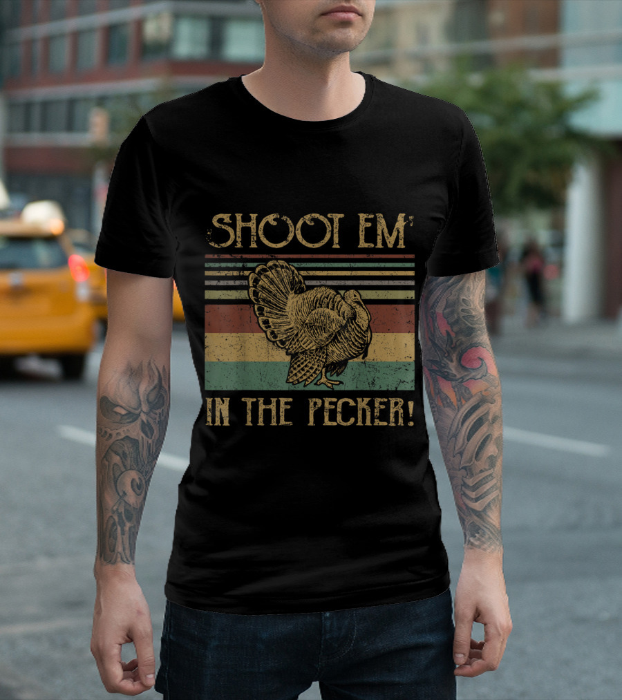 Shoot Em In The Pecker Vintage Turkey Hunting Retro Stripes T-Shirt