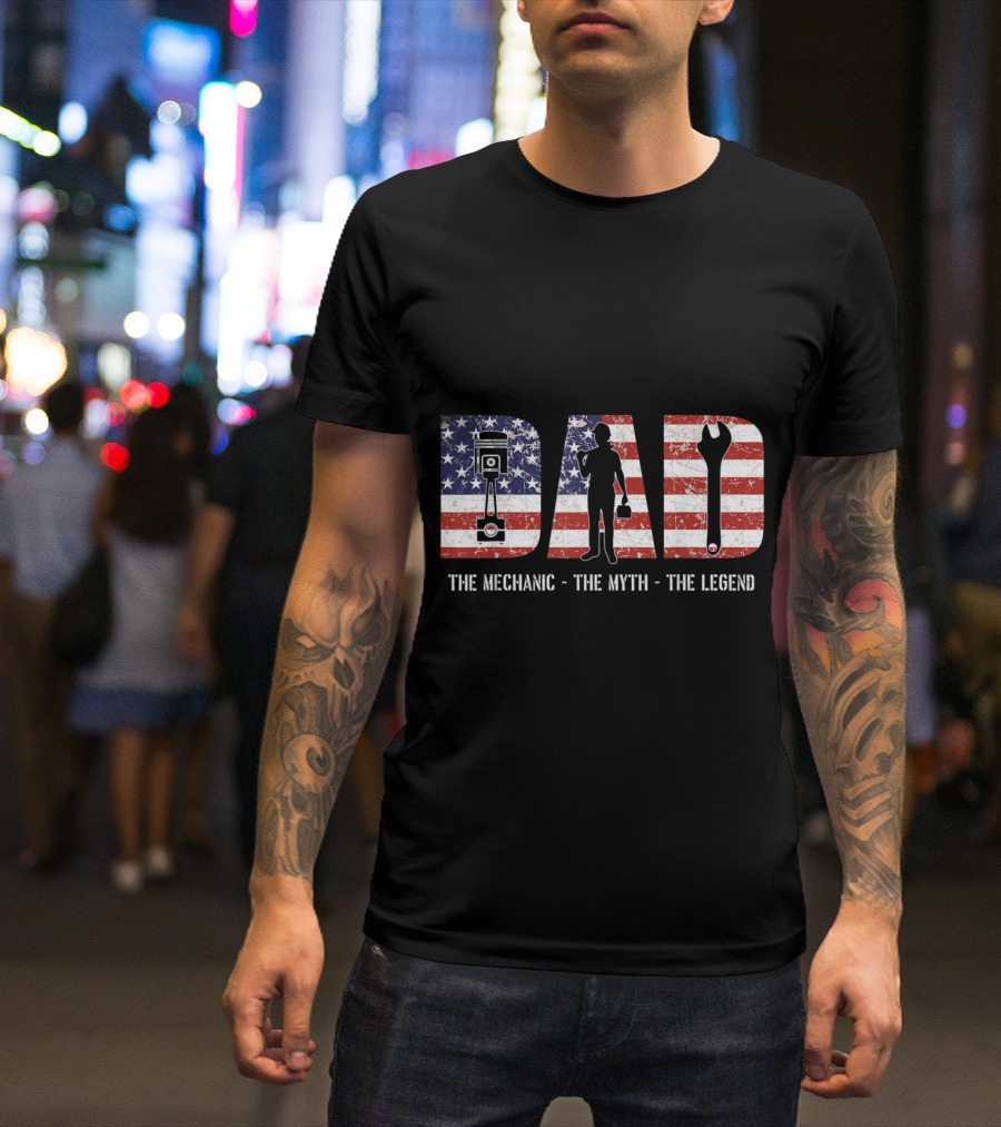 Dad Mechanic Myth Legend American Flag Wrench Engine T-Shirt