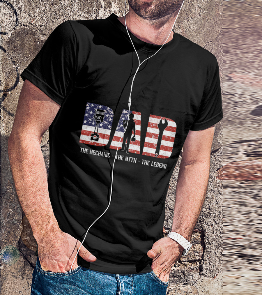 Dad Mechanic Myth Legend American Flag Wrench Engine T-Shirt