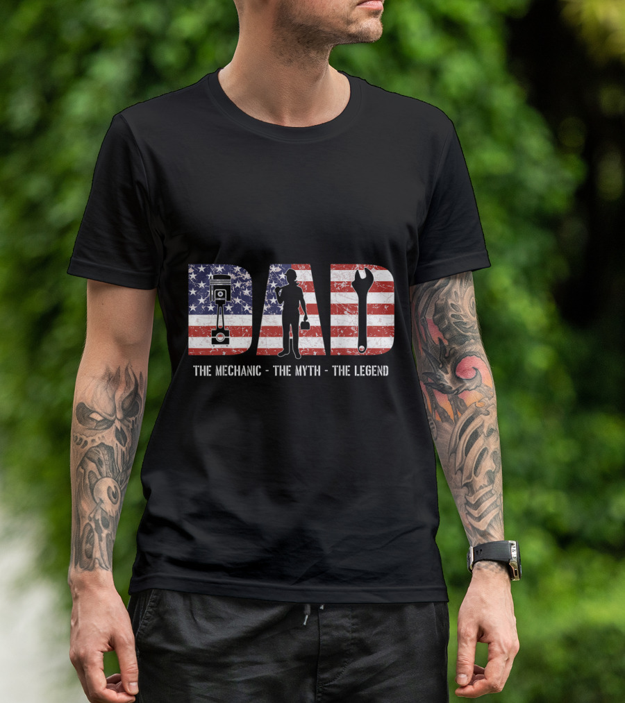 Dad Mechanic Myth Legend American Flag Wrench Engine T-Shirt