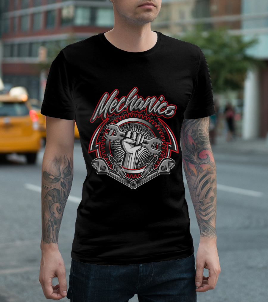 Mechanics Gear Wrench Fist with Bold Decorative Text T-Shirt