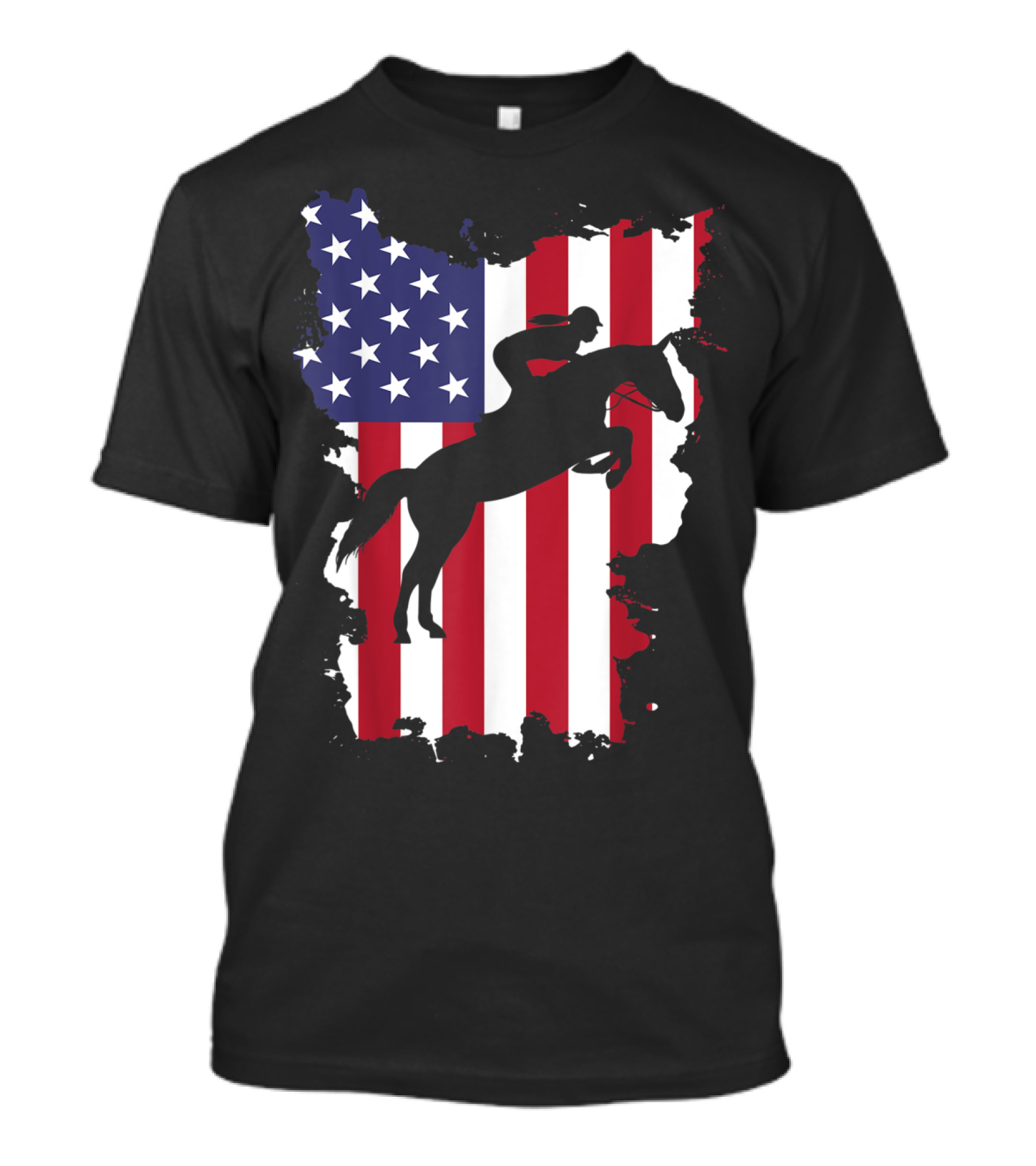 Show Jumping Horse Rider Silhouette Over American Flag 4th Of July U.S. Patriotic T-Shirt